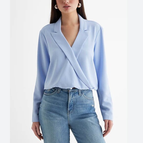 Express Tops - Express Collared V-Neck Faux Wrap Front Top